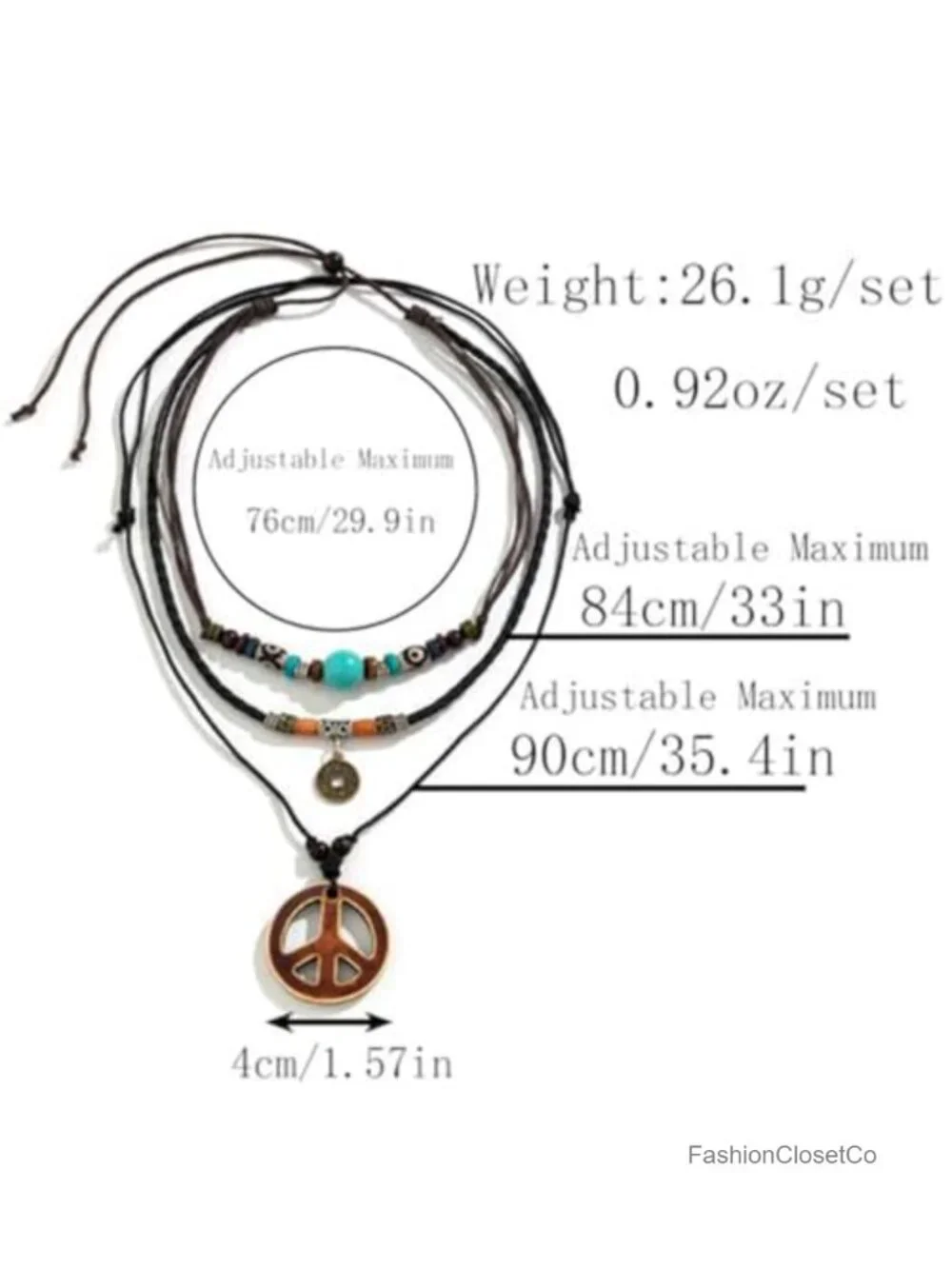 Boho Peace Sign Pendant Necklace with Coconut Wood Beads, Leather Cords -